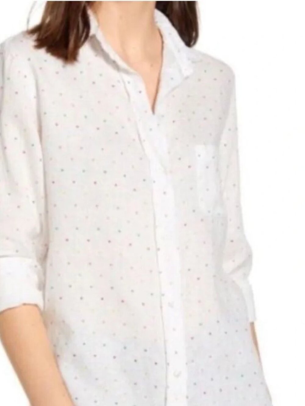 Frank & Eileen Grayson White Button-Up 100% Linen Heart Print Shirt Size L